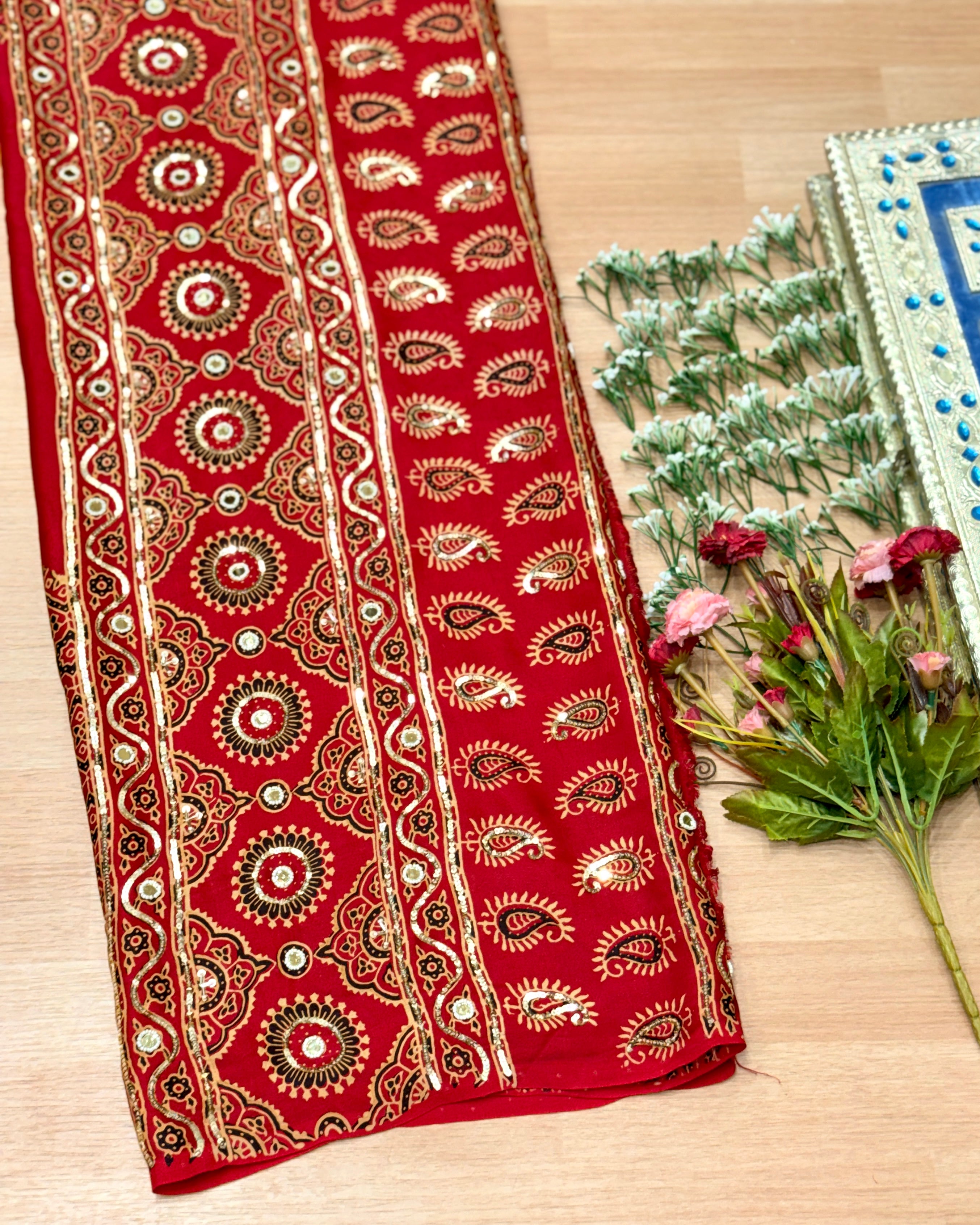 Ajrakh Saree With Hand Embroidery