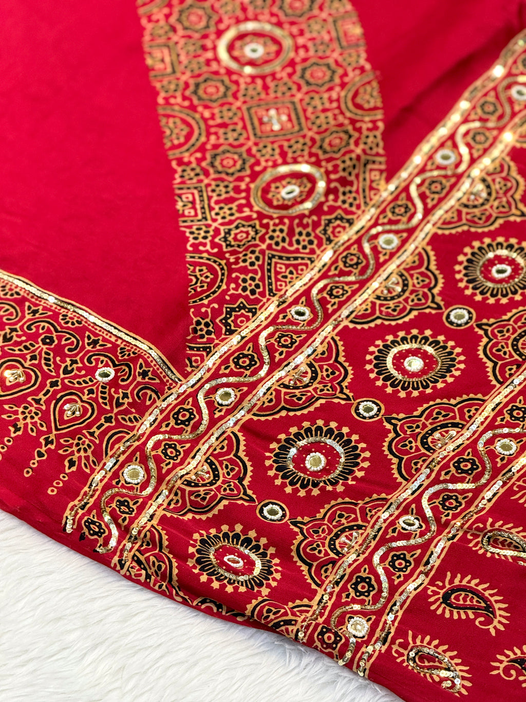 Ajrakh Saree With Hand Embroidery