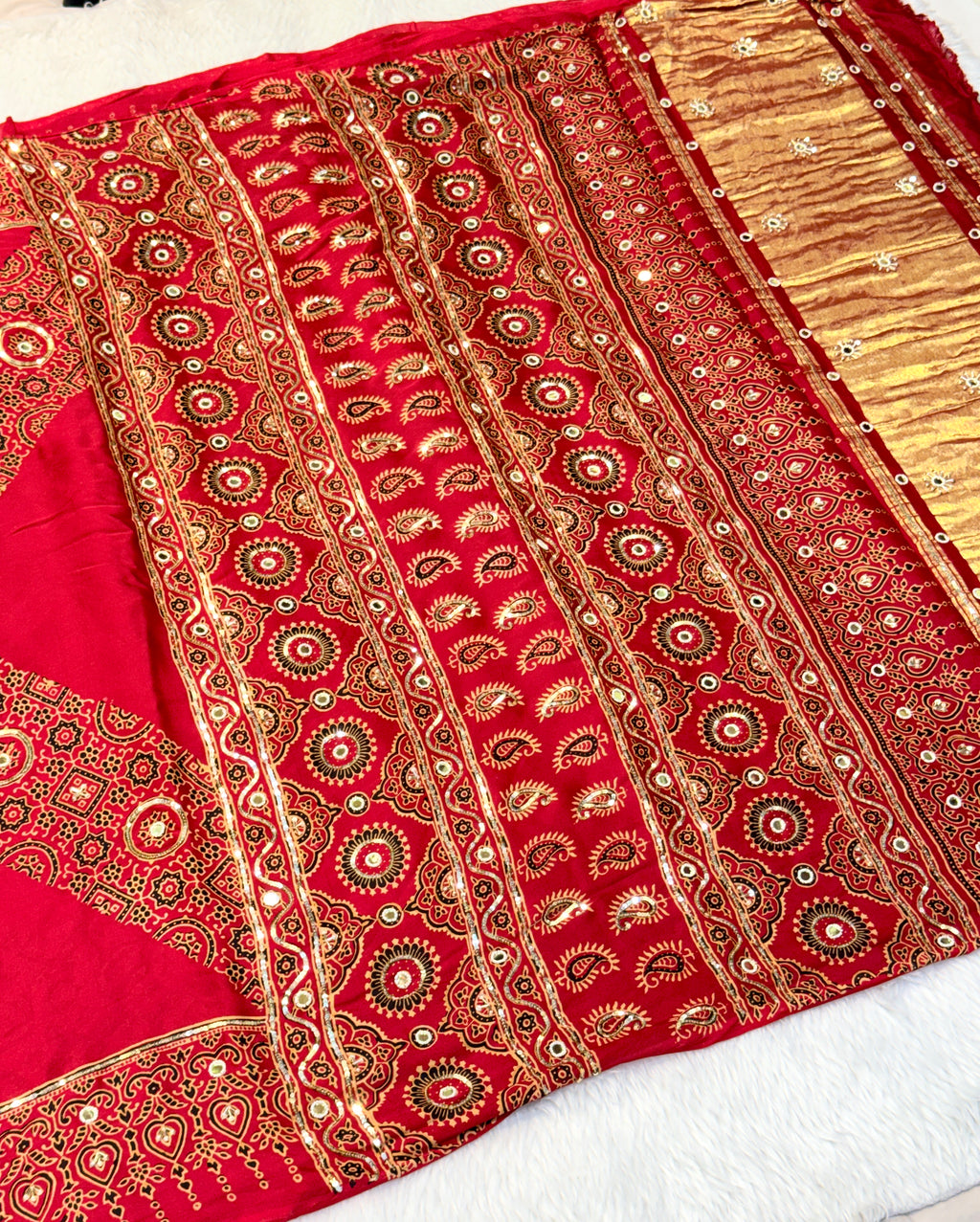 Ajrakh Saree With Hand Embroidery