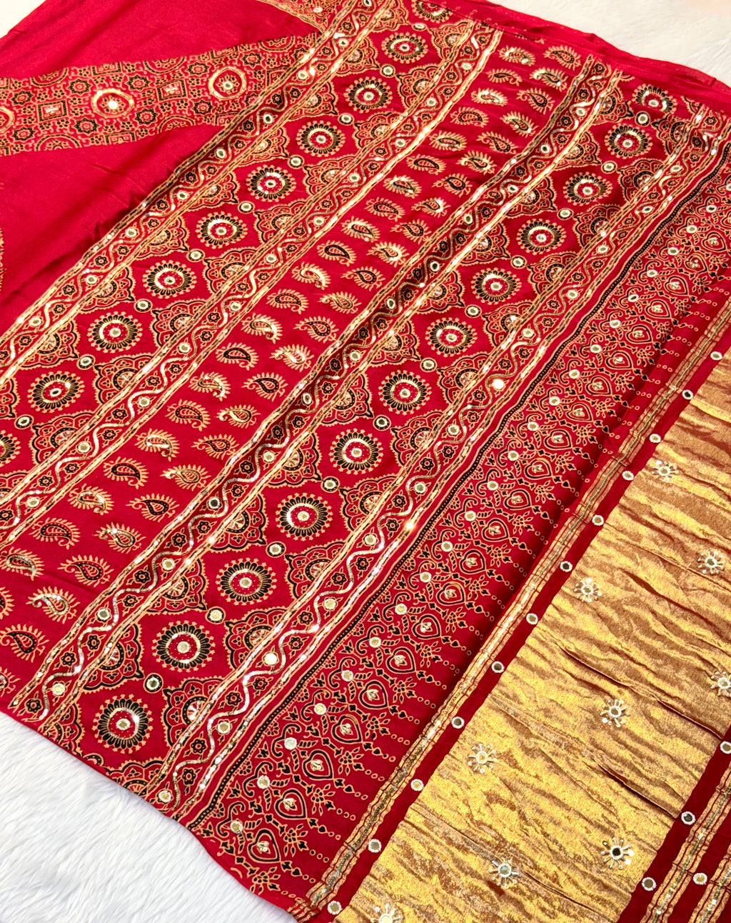 Ajrakh Saree With Hand Embroidery